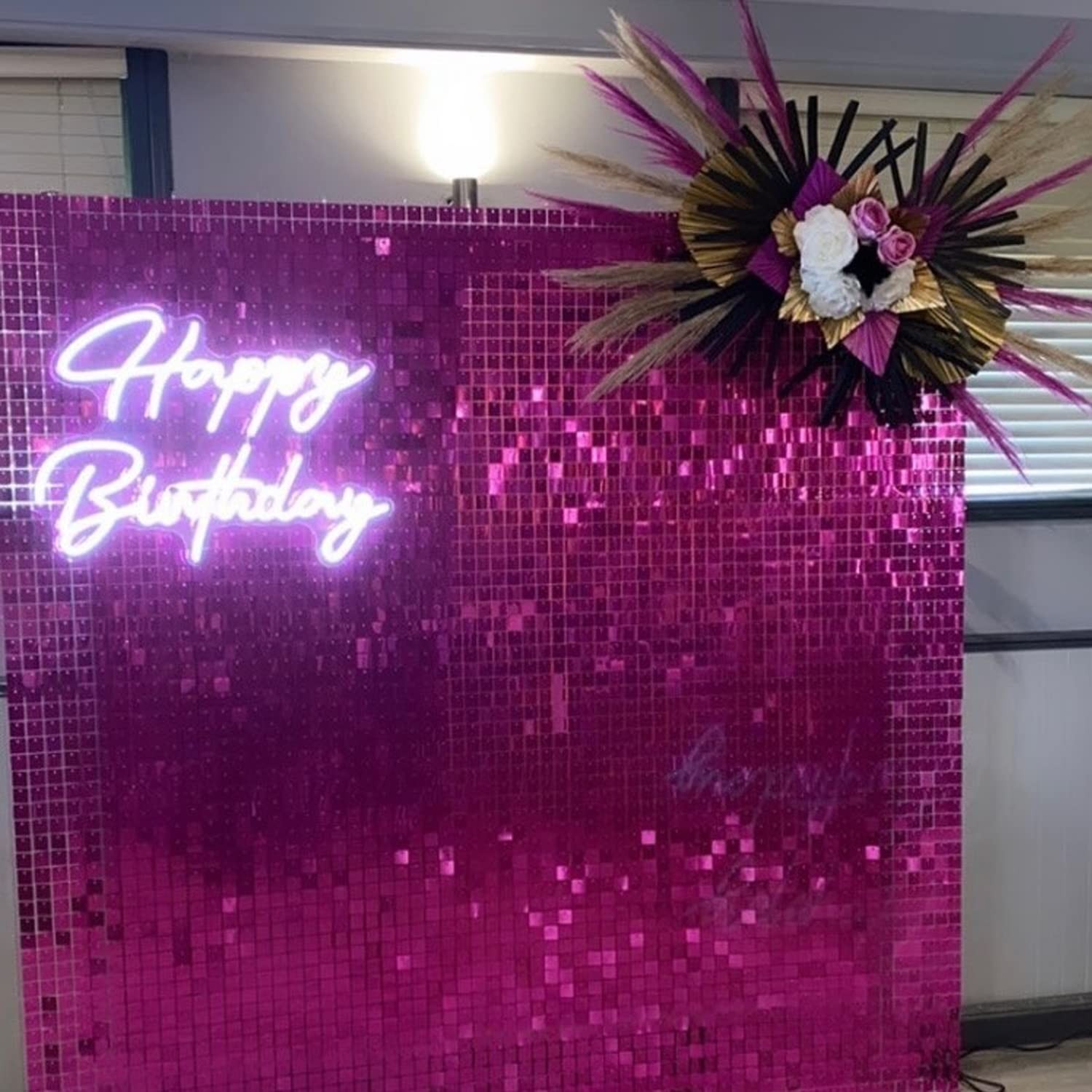 Hot Pink Shimmer Wall Backdrop, 24PCS Square Sequin Shimmer Backdrop Panel, P…
