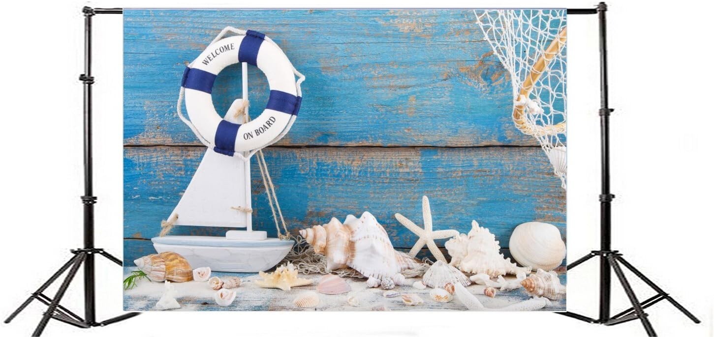 9x6ft Blue Wooden Splint Board Sailor Photo Backdrop Nautical Anchor Starfish