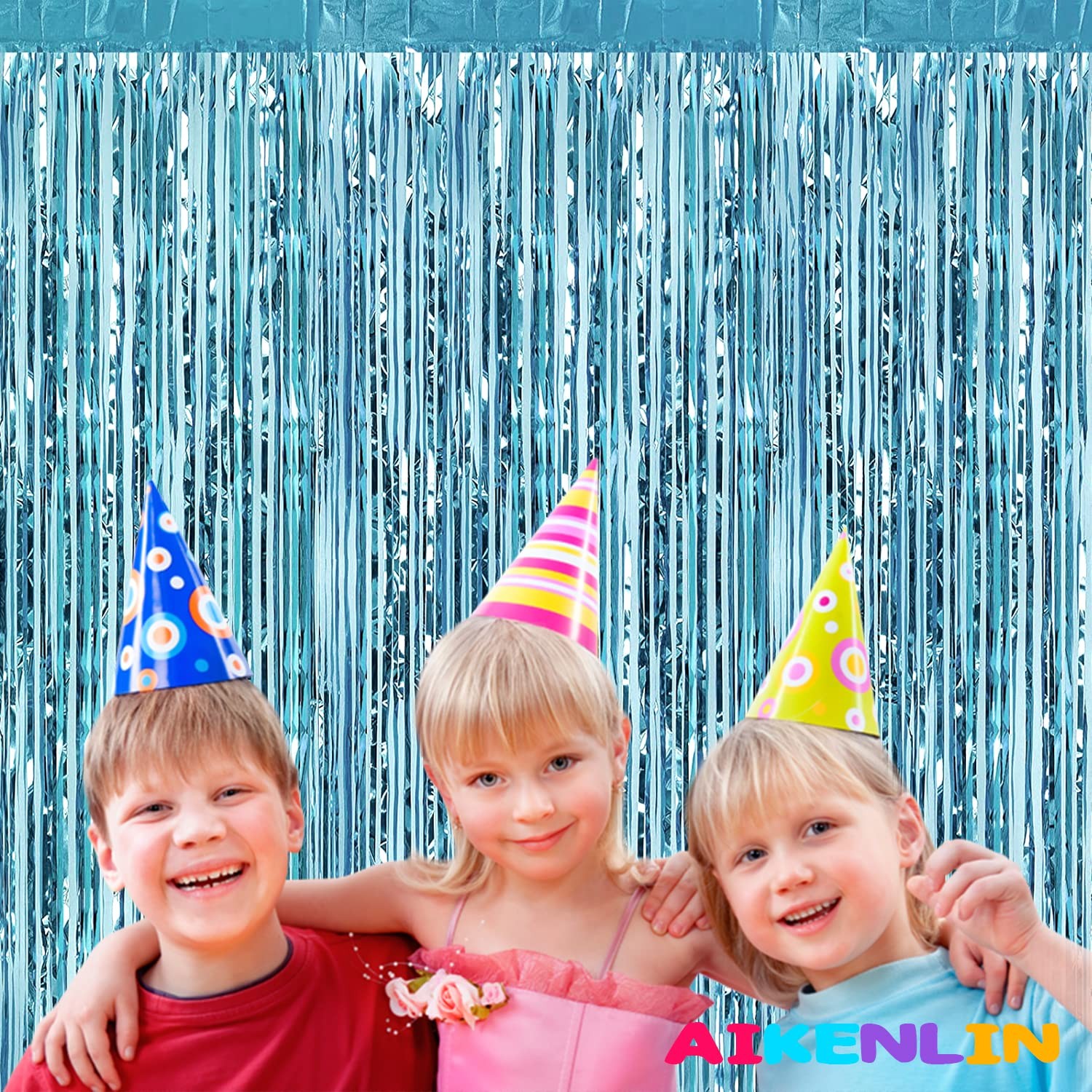 4 Pack 3.2×9.8Ft Light Blue Foil Fringe Curtain, Metallic Tinsel, Streamers
