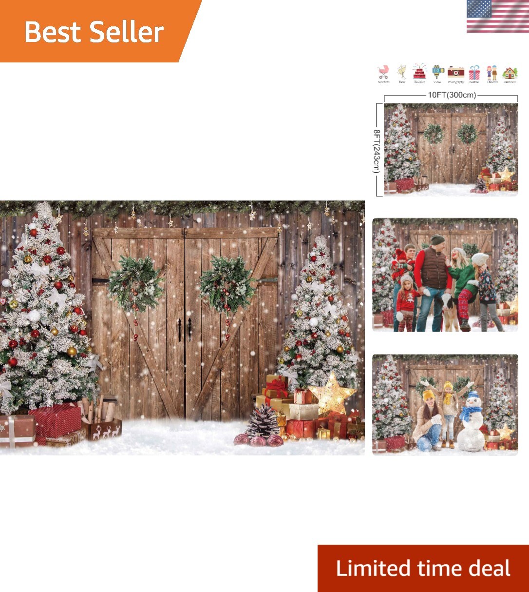 10x8FT Polyester Fabric Winter Christmas Rustic Barn Wood Door Photography Ba…