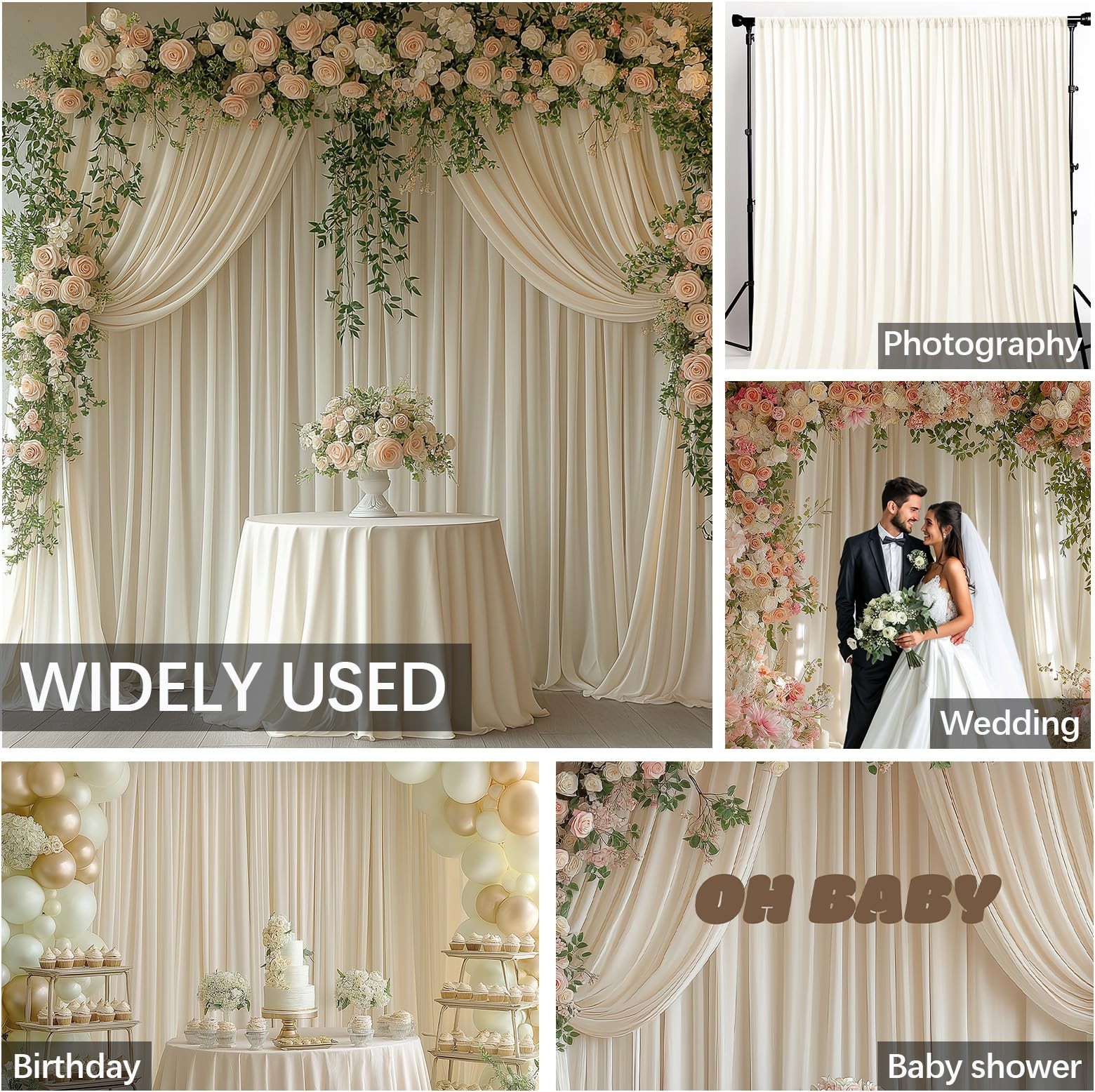 2 Panels Ivory Backdrop Curtain Wrinkle Free Soft Fabric Photography 5×10 Ft