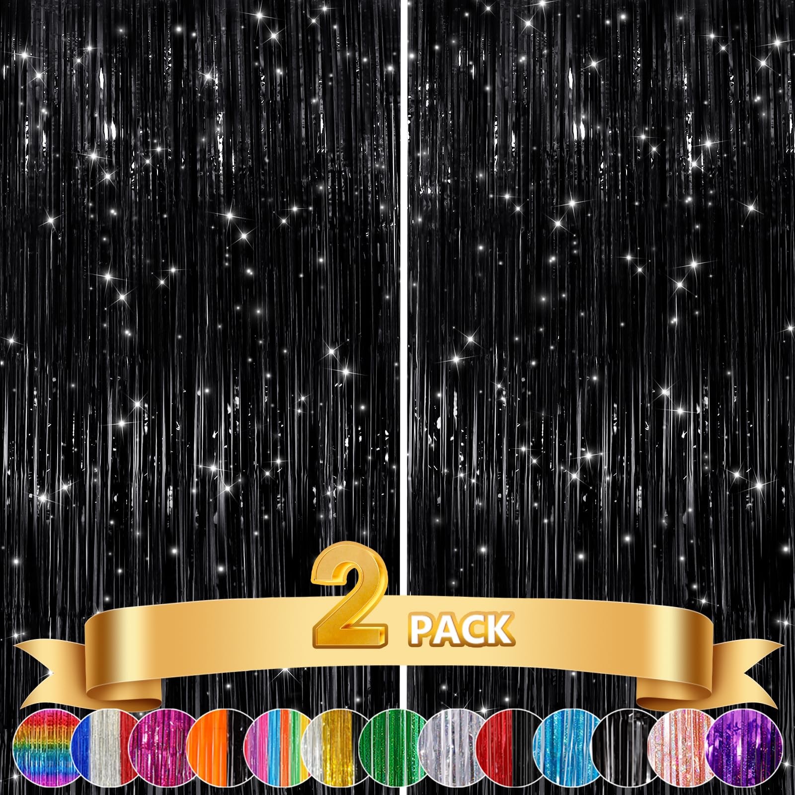 GCB 2Pack Black Metallic Tinsel Foil Fringe 79″W x 79″L (Pack of 2),