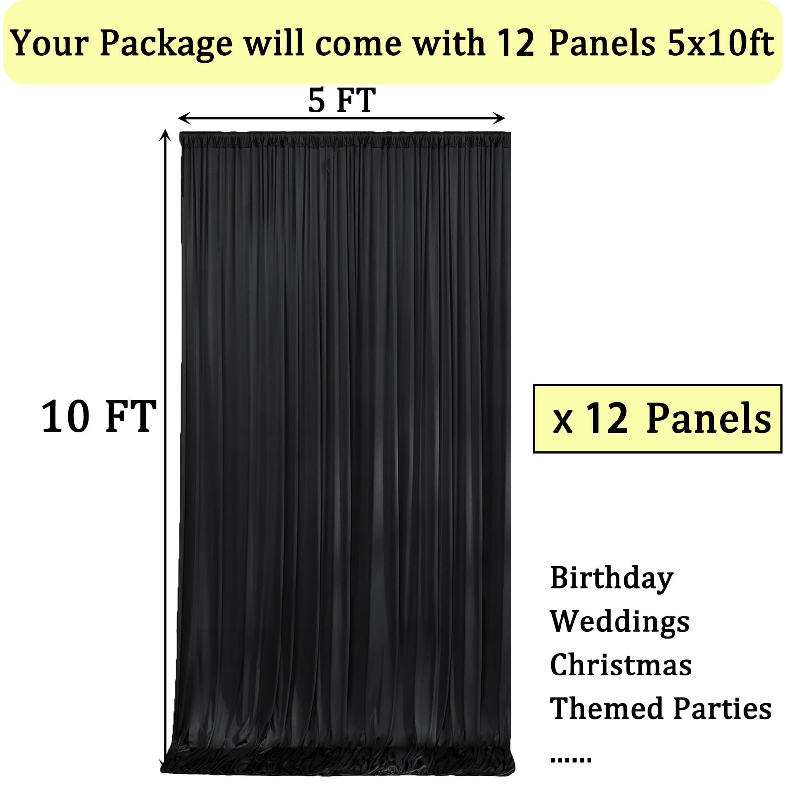 60ftx10ft Wrinkle Free Black Backdrop Curtains for Parties, 60ftx10ft,
