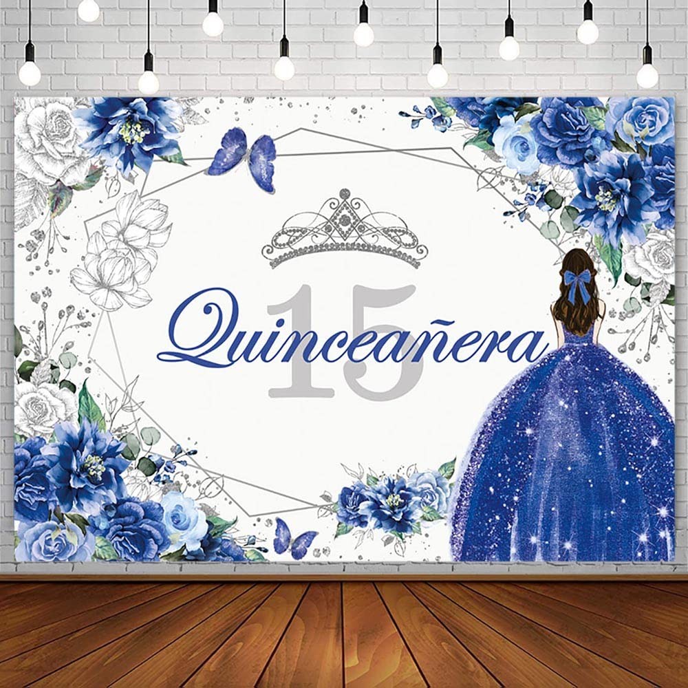 Sendy 7x5ft Quinceanera 15th Birthday Backdrop for Sweet 7x5ft, Blue,Silver
