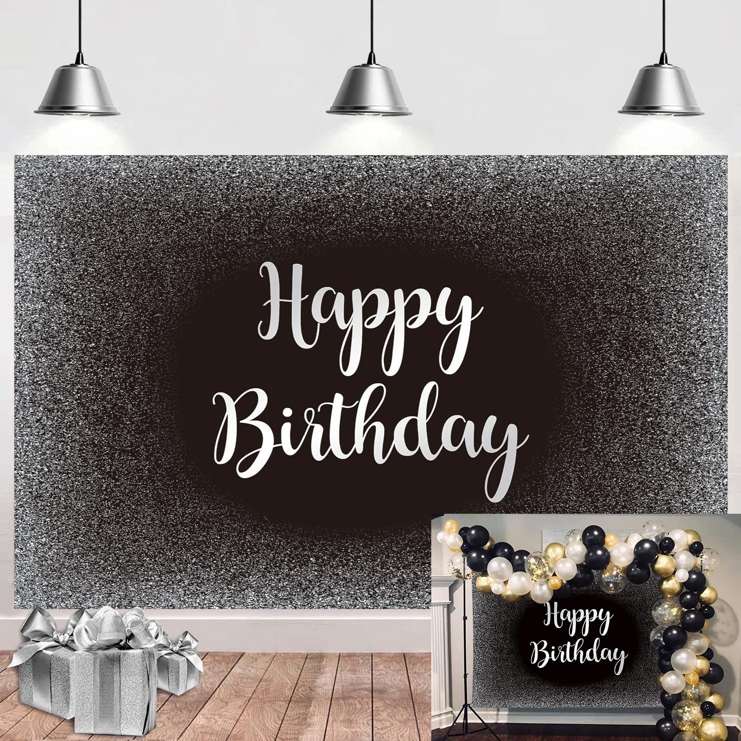 Black Silver Happy Birthday Backdrop Grey Glitter Photography Background 7x5FT