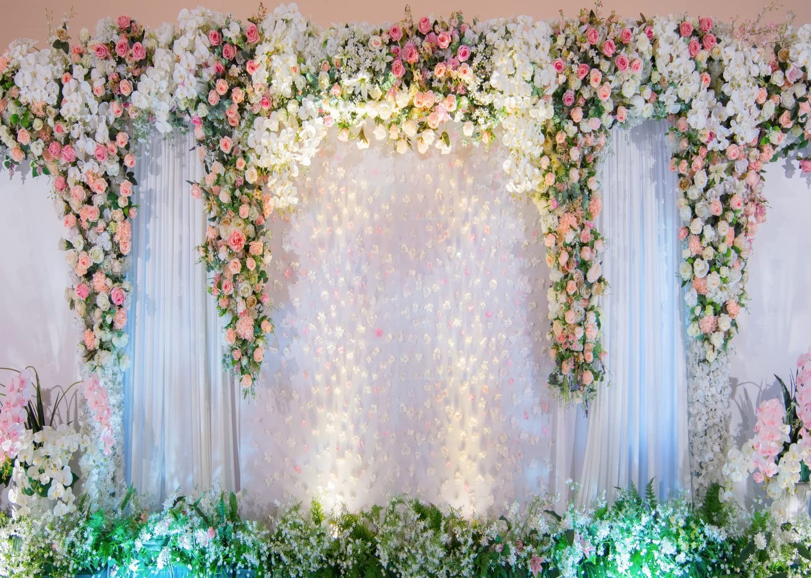 Wedding Floral Photography Backdrop White Curtain Pink Rose Flowers Wall