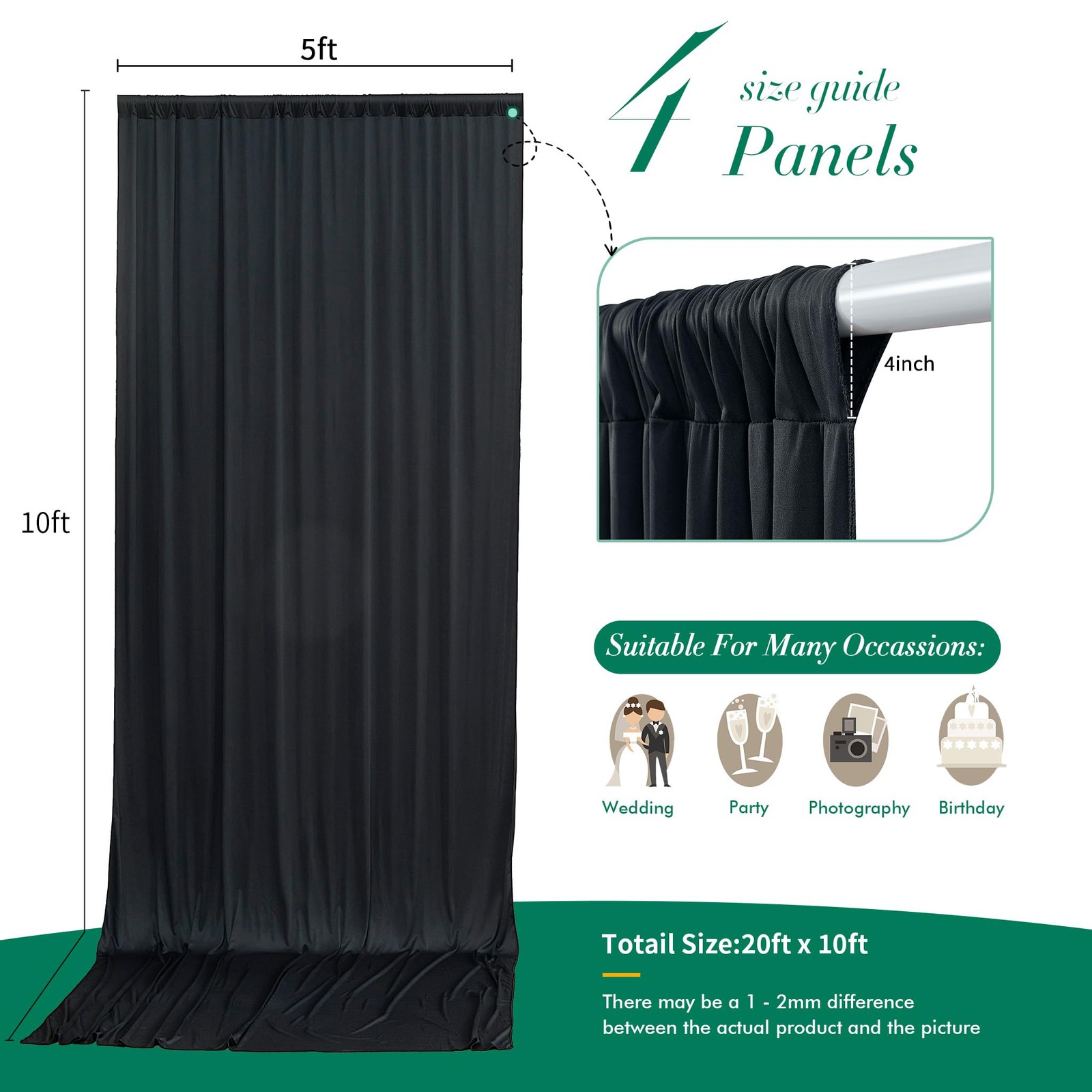 20 Ft X 10 Ft Wrinkle Free Black Backdrop Curtain For Parties 4 Panels 10ft Poly