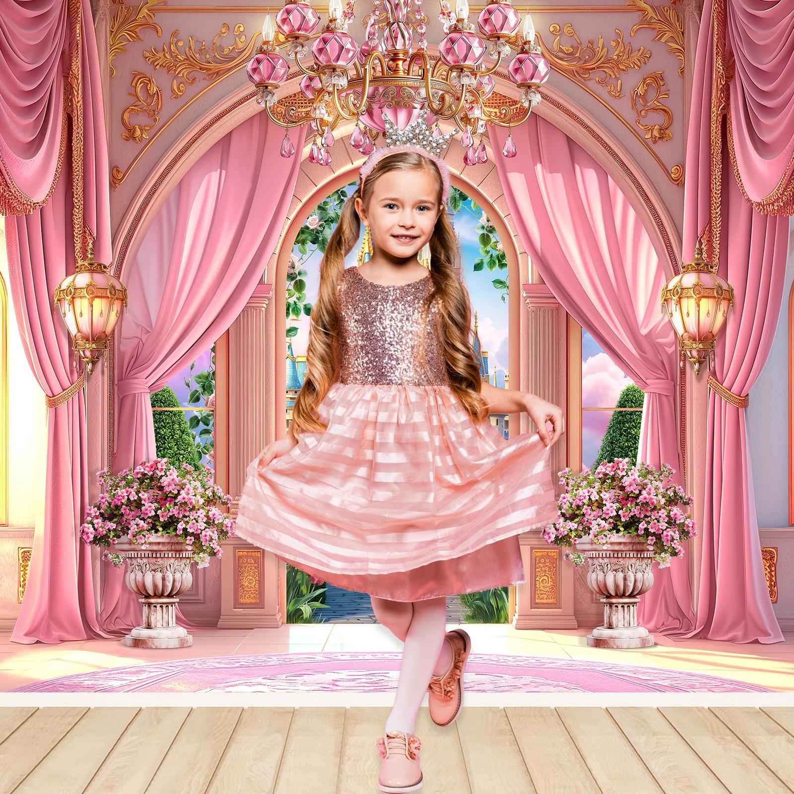 Princess Castle Garden Backdrop 8Wx6H Photography Pink Palace Curtain Crystal…