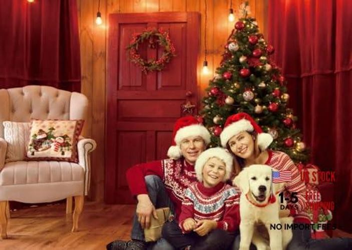 Red 10x8ft Christmas Backdrop—Indoor Xmas Trees—Gifts—Red