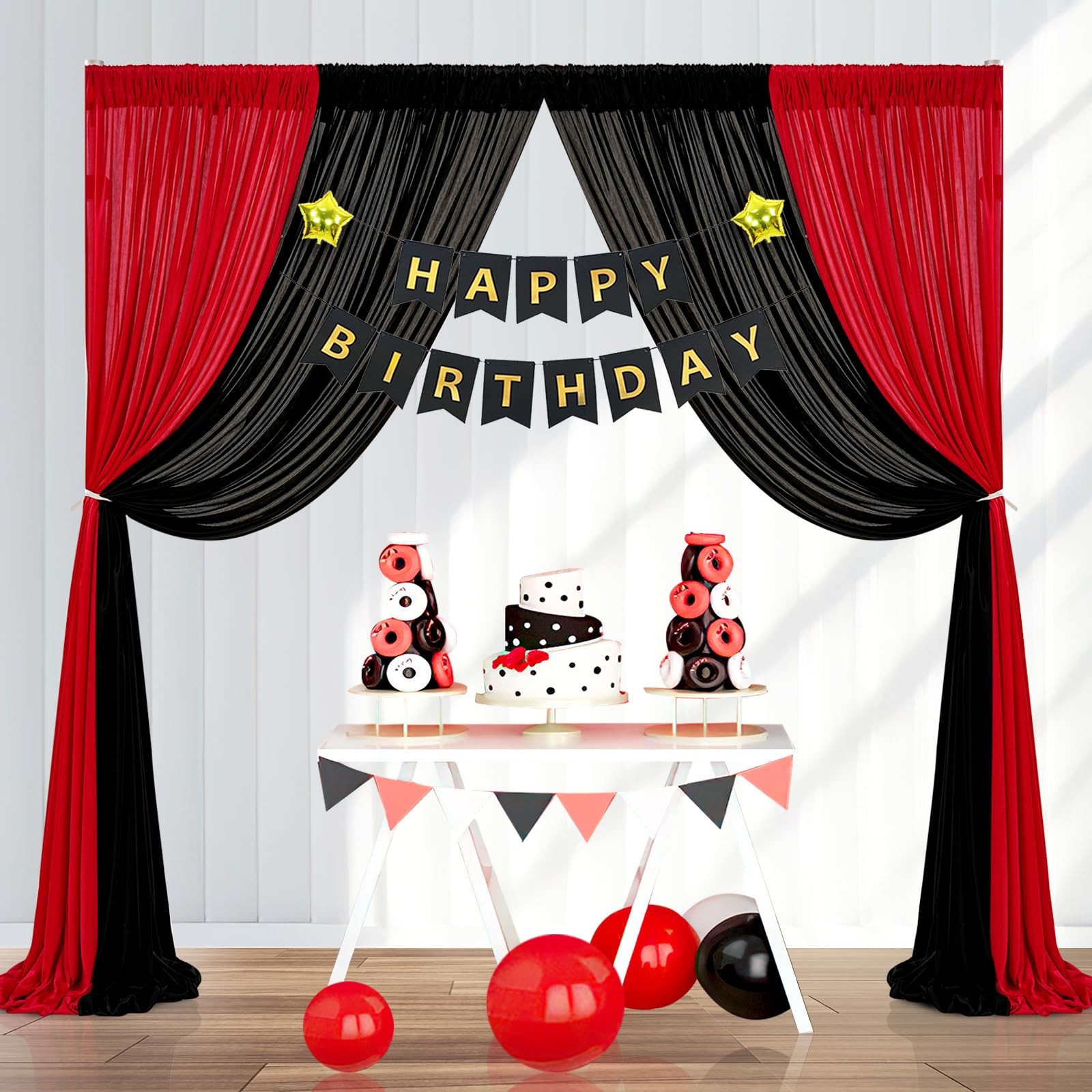 4 PCS 2.5x10FT Red Black Backdrop Curtains 10x10FT Wrinkle Free Drapes