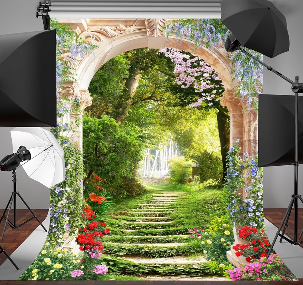 3×5 Foot Beautiful Garden Backdrop Spring Blooming Floral Stone Arch Nature
