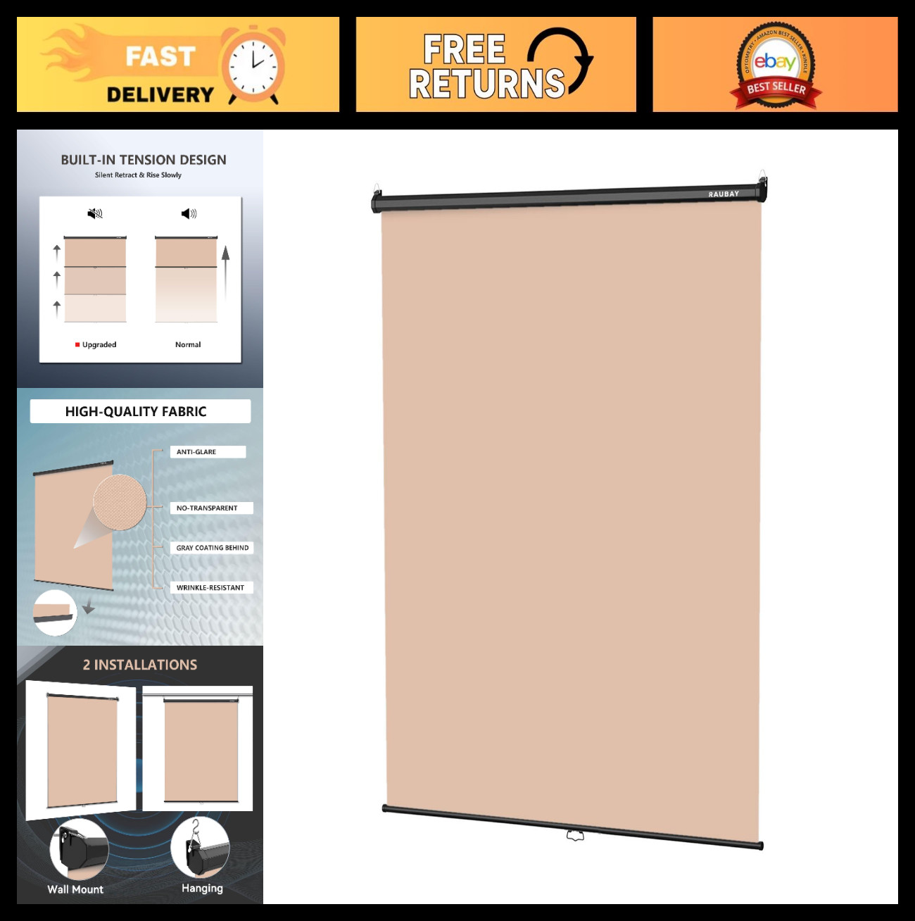 59.8” x 86.6” Retractable Beige Backdrop Screen – Collapsible Wall-Mount for Vid