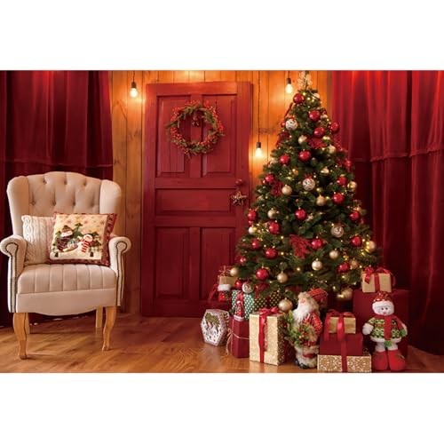 Red 10x8ft Christmas Backdrop—Indoor Xmas Trees—Gifts—Red