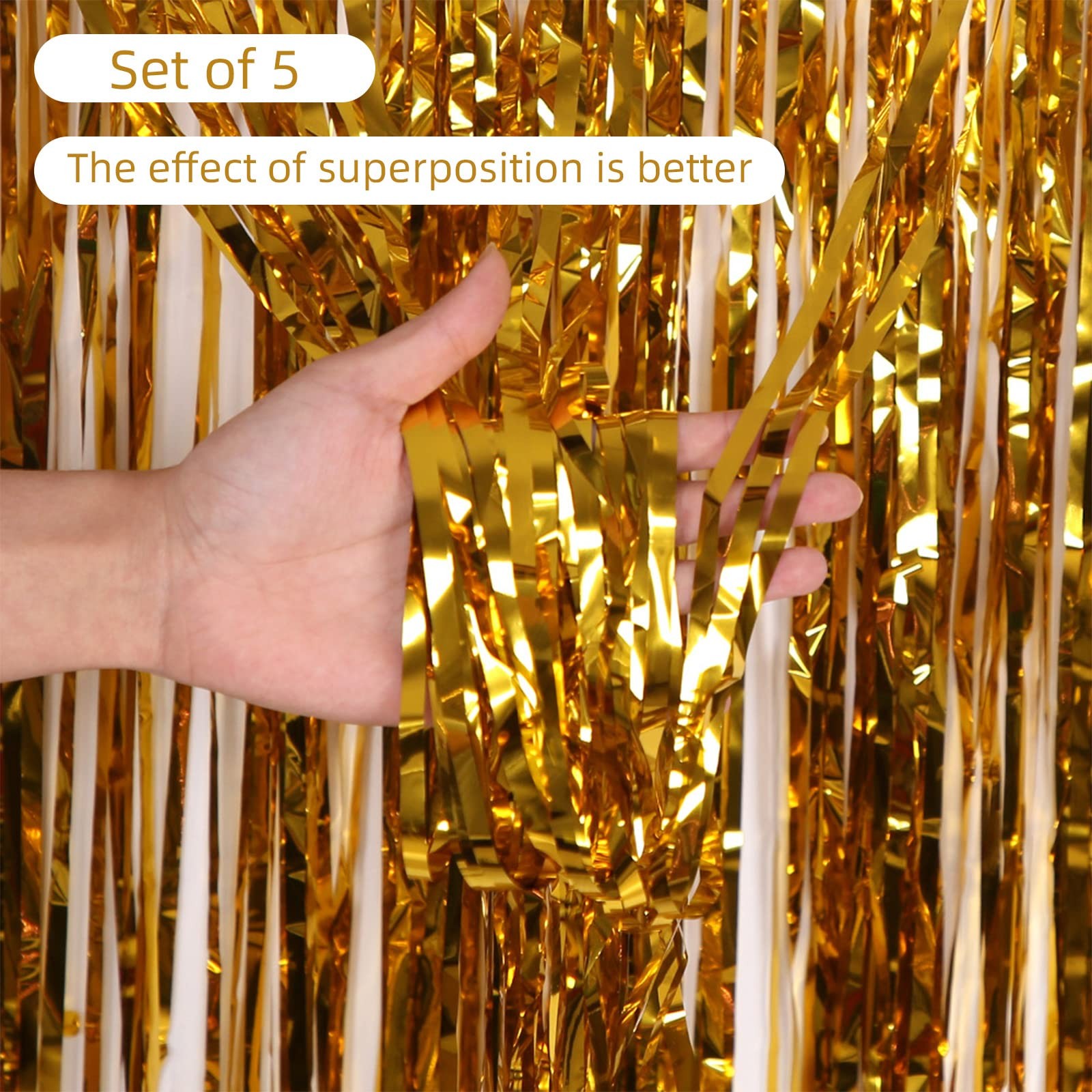 5 PCS Gold Foil Curtain Backdrop Metallic Tinsel Fringe Streamer 3.2×9.8 FT