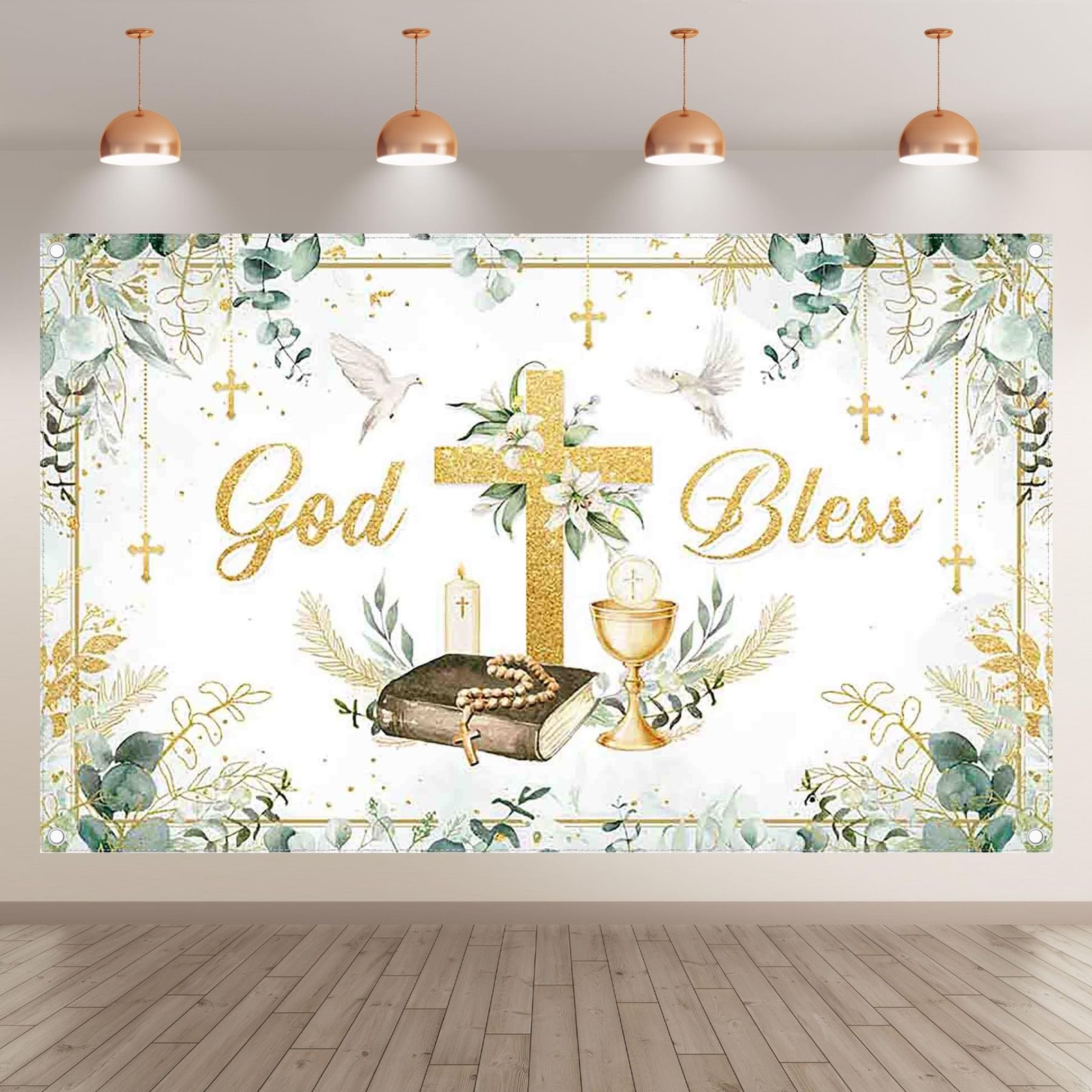 Greenery God Bless Backdrop 72×43 Inch Gold Cross First Holy Communion Props