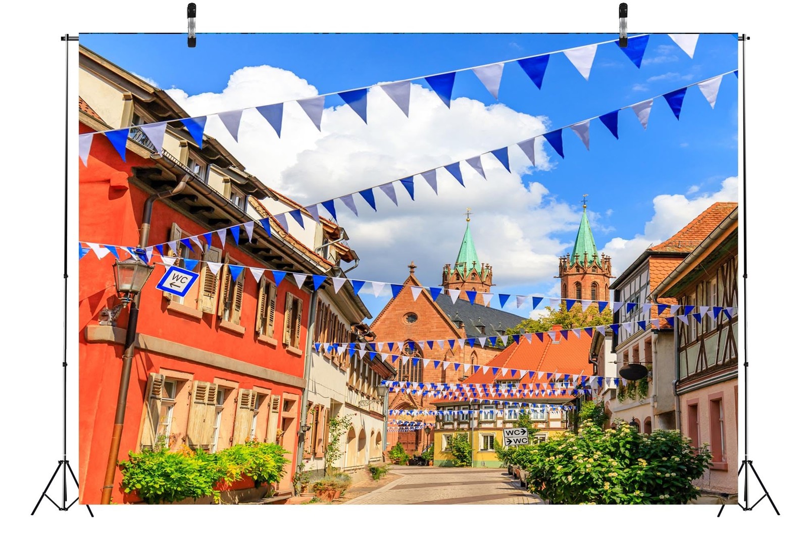 7x5ft Fabric Oktoberfest Backdrop Germany Bavaria Town Street with Bavarian Flag