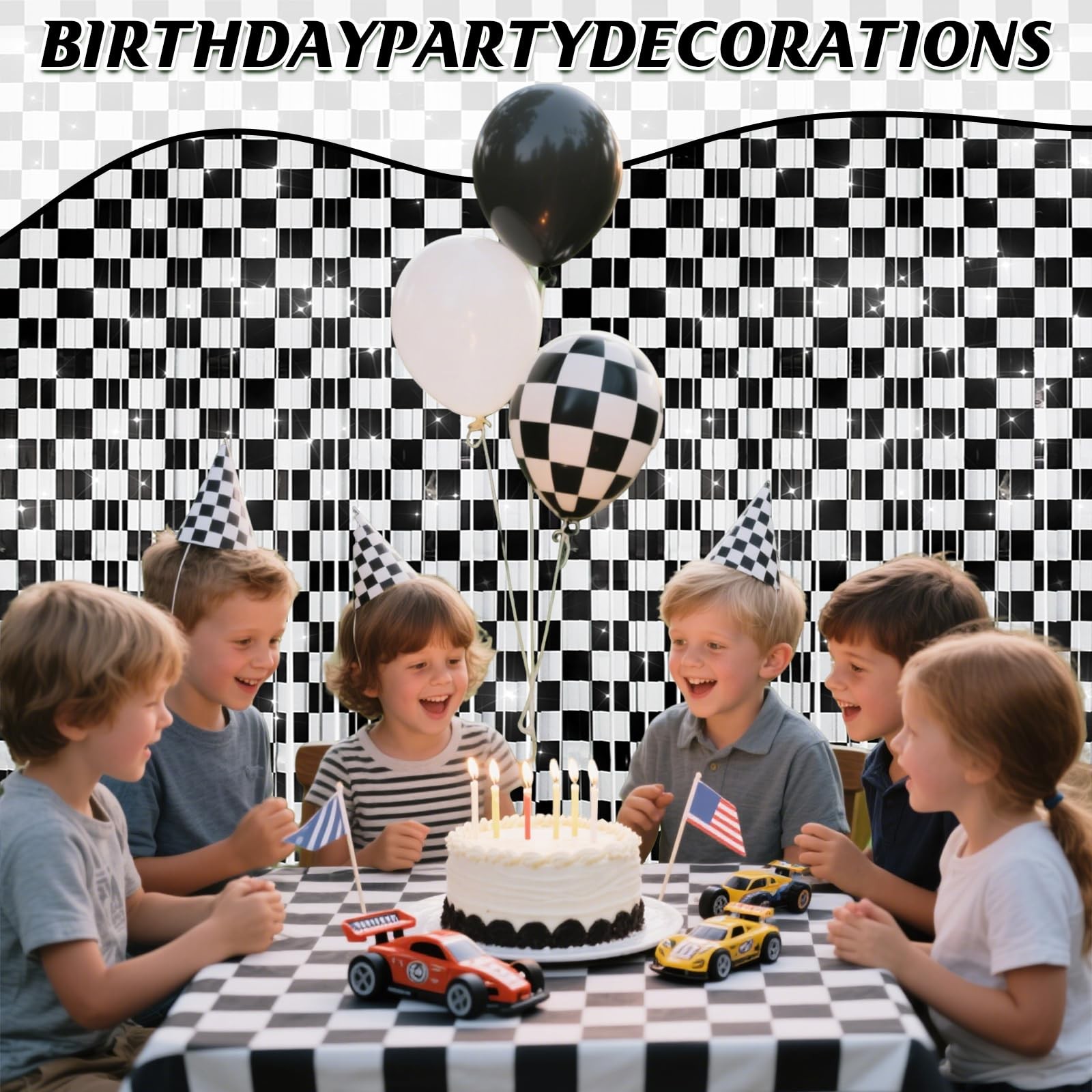 2 PCS Race Car Foil Fringe Curtains Backdrop 3.28×6.56FT Black White Prop