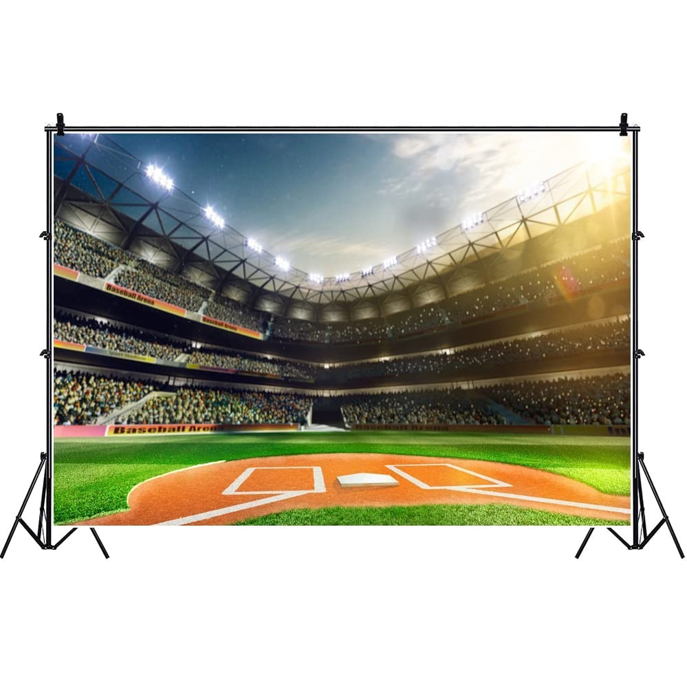 7x5ft Baseball Photo Backdrop – Green Field Stadium for Baby Shower, Birthday Pa