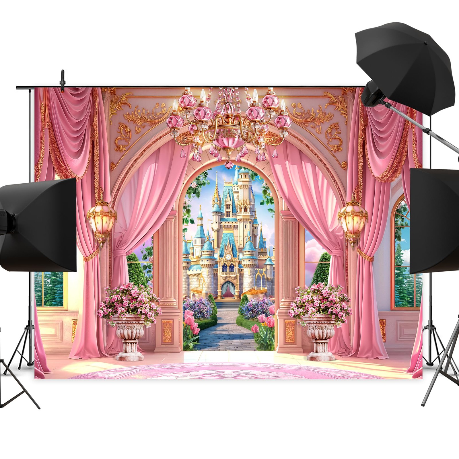 Princess Castle Garden Backdrop 8Wx6H Photography Pink Palace Curtain Crystal…