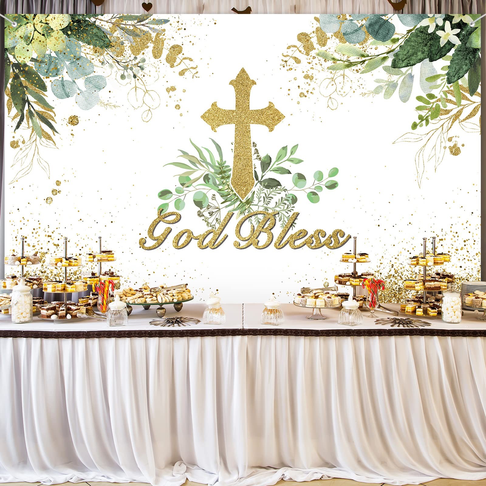 71×43 inch White Green God Bless Baptism Backdrop First Communion Decor