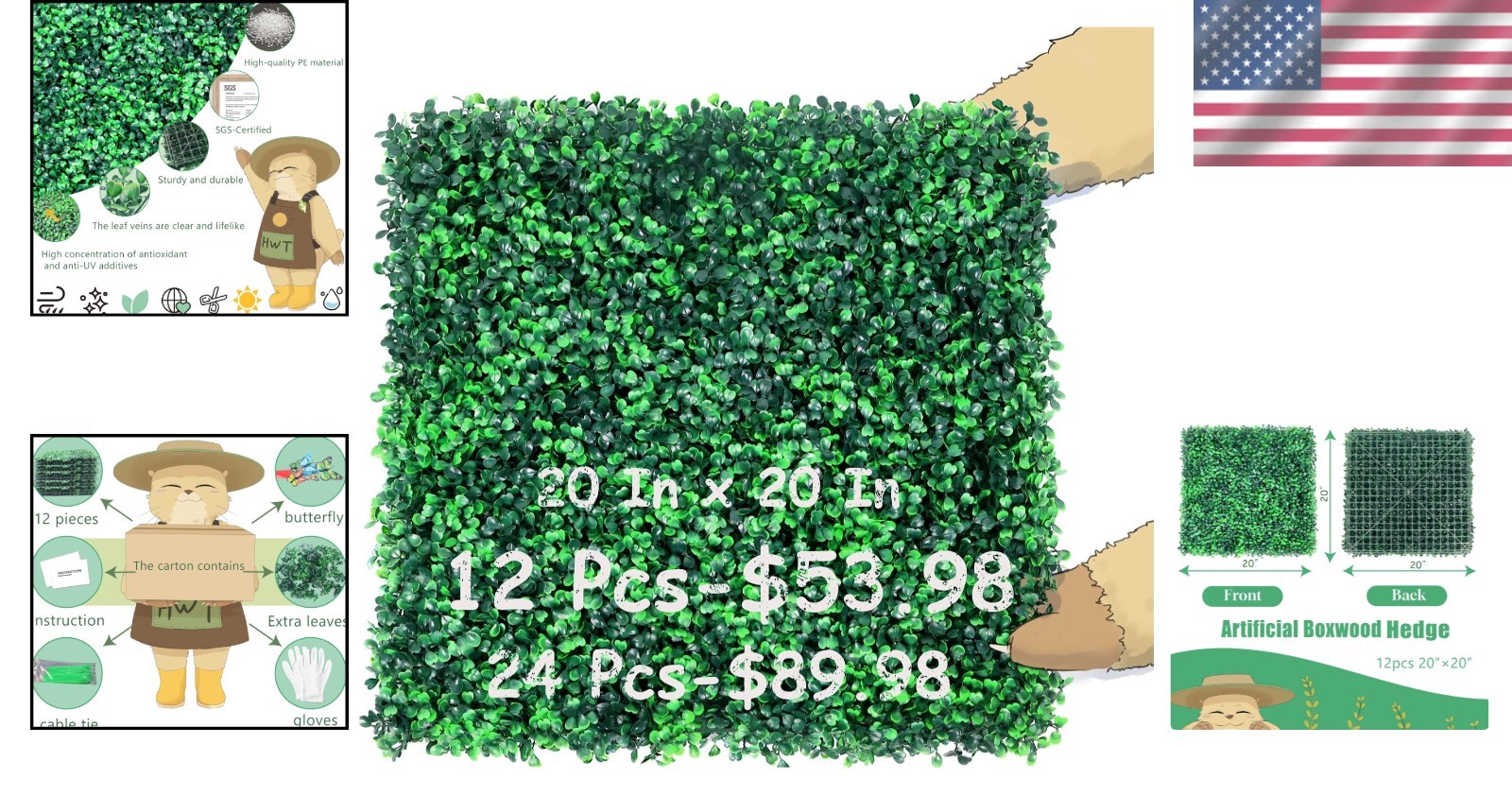 Durable 20″ Boxwood Panels – 12 Pcs Eco-Friendly UV Protected Grass Wall