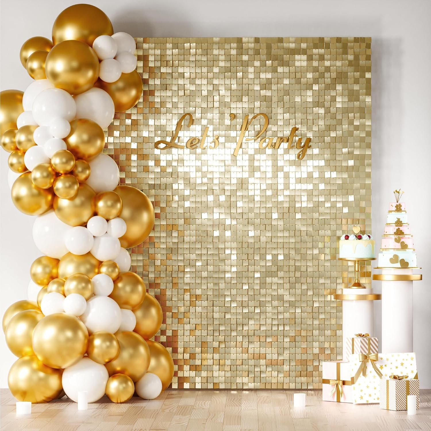 Light Gold Shimmer Wall Backdrop 24PCS Square Sequin Shimmer Backdrop Panel