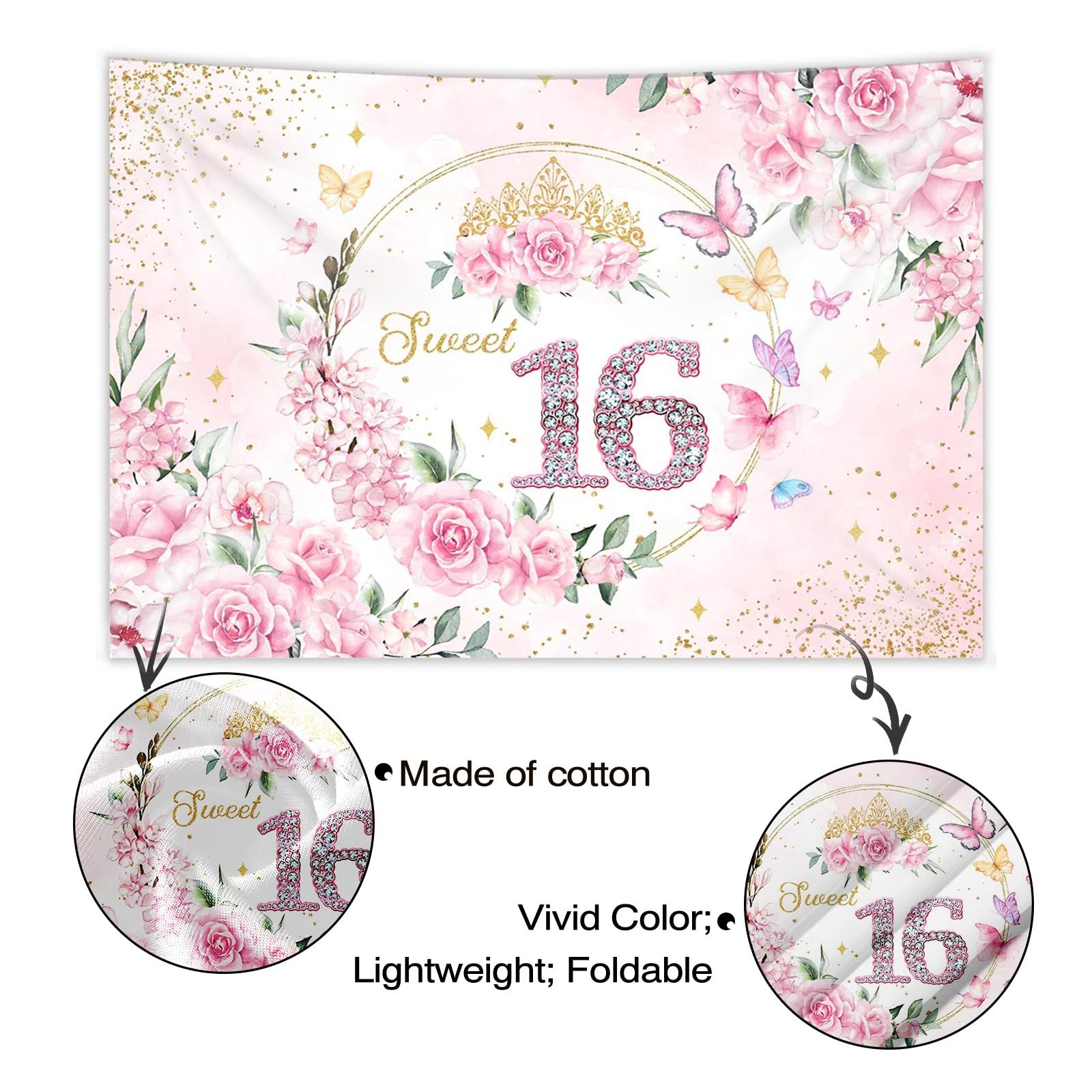 7x5ft Sweet 16 Backdrop Banner Decorations for Girls Birthday Party Pink Flor…