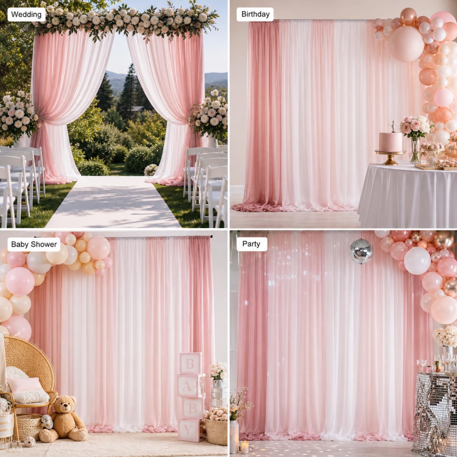 8 PCS 12×10 FT Dusty Rose Pink Chiffon Backdrop Curtains Wedding Party Photo