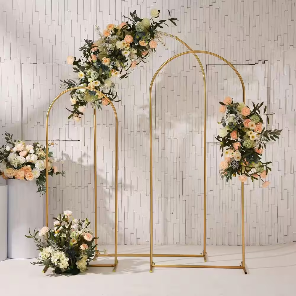 Metal Arch Backdrop Stand Set of 3 Light Gold 6.6 Ft. 5.9 Ft. 4.9 Ft. for Weddin