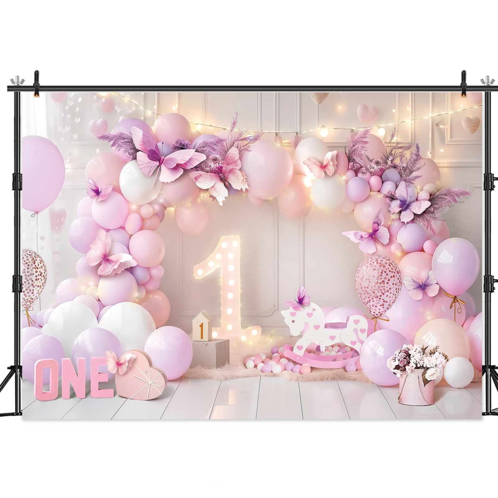 Girl 1st Birthday Backdrop 7Wx5H Feet Purple Pink Princess Balloons Lights Bu…
