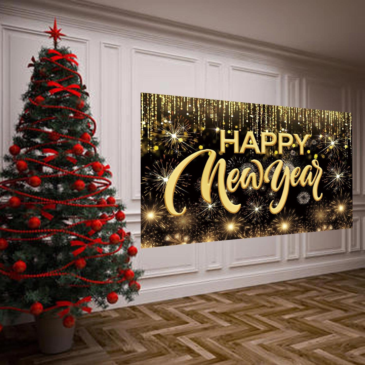 Happy New Year Hanging Extra Large Fabric 43.3 inches x 70.8 inches, Gold