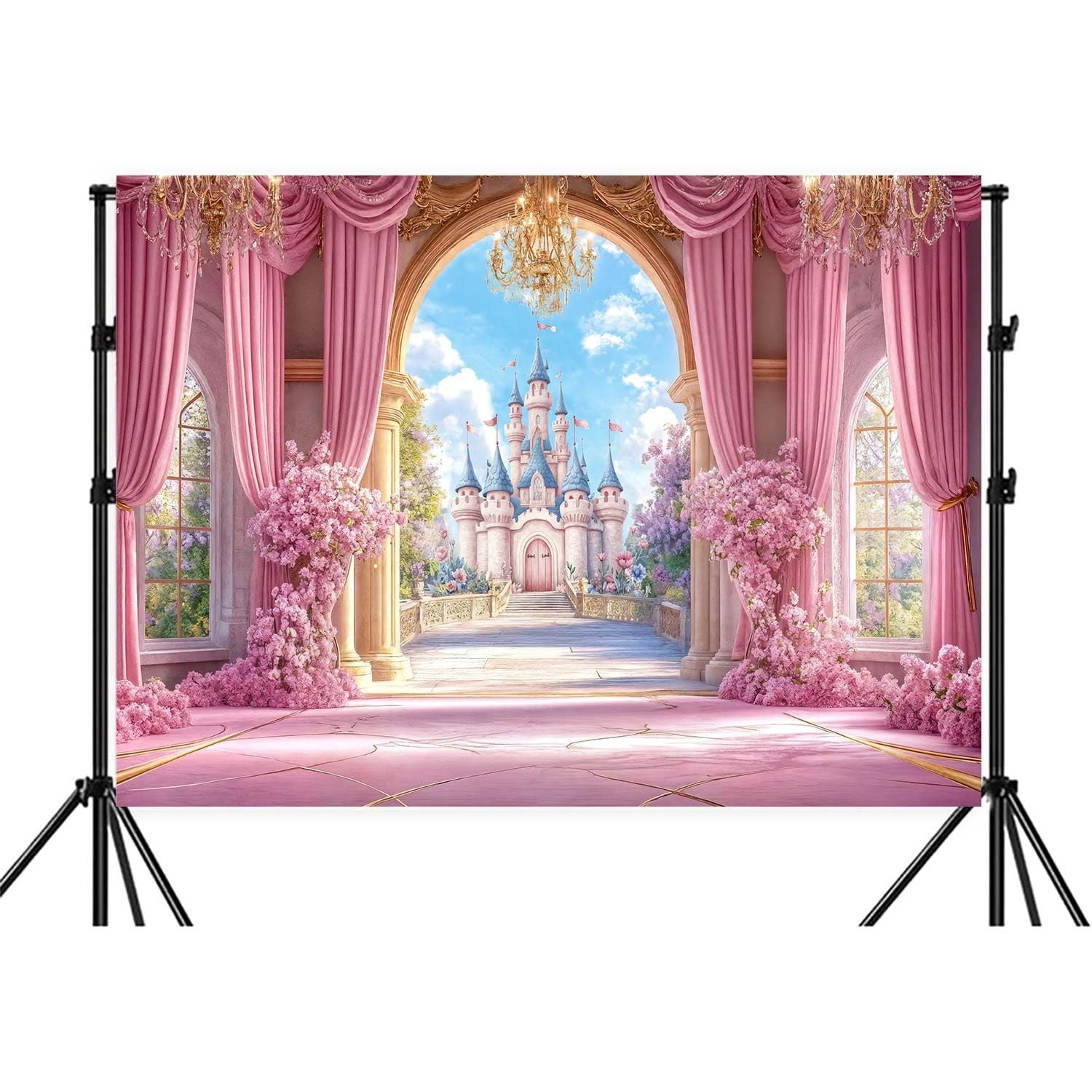 10X8ft Princess Castle Backdrop Pink Fairy Tale Wonderland Floral Arch Girls …