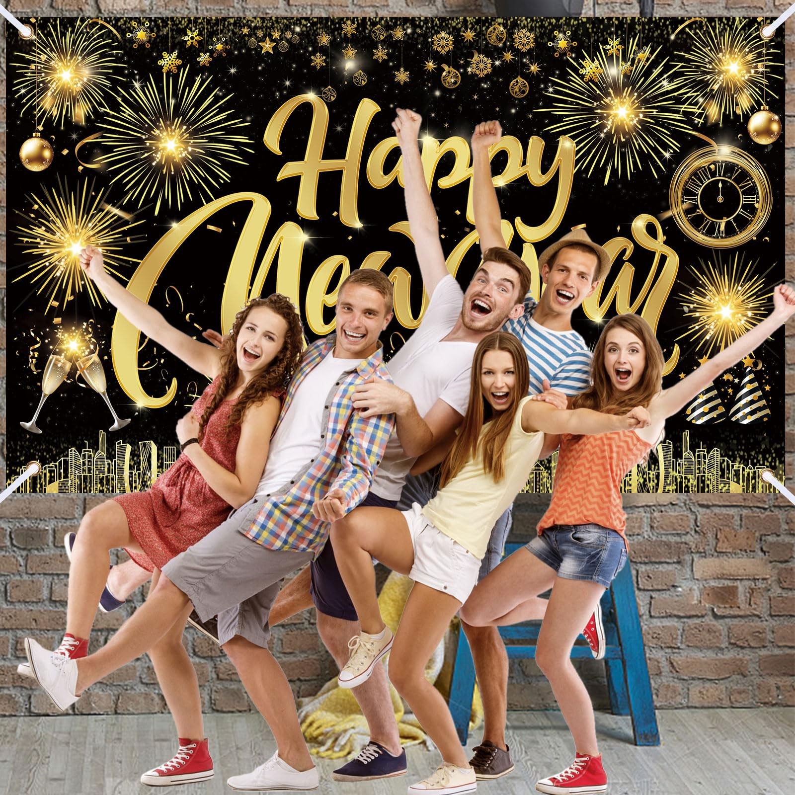 Famoby Happy New Year Fabric Sign Poster Banner Backdrop with X-Large, black