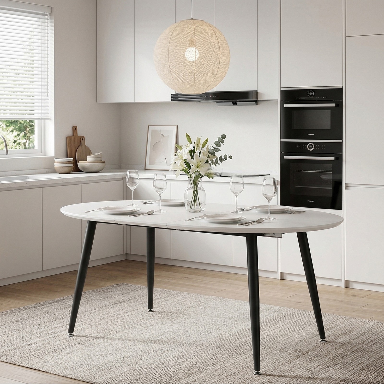 White MDF Extendable Round Dining Table with Black Metal Legs