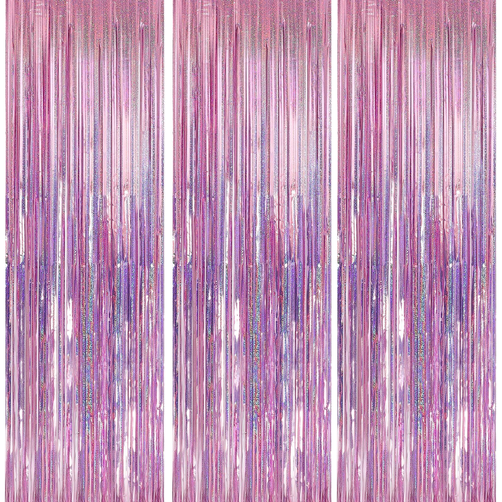 3 Pack 3.3×9.9 ft Pink Foil Fringe Backdrop Curtain Streamer Birthday Party