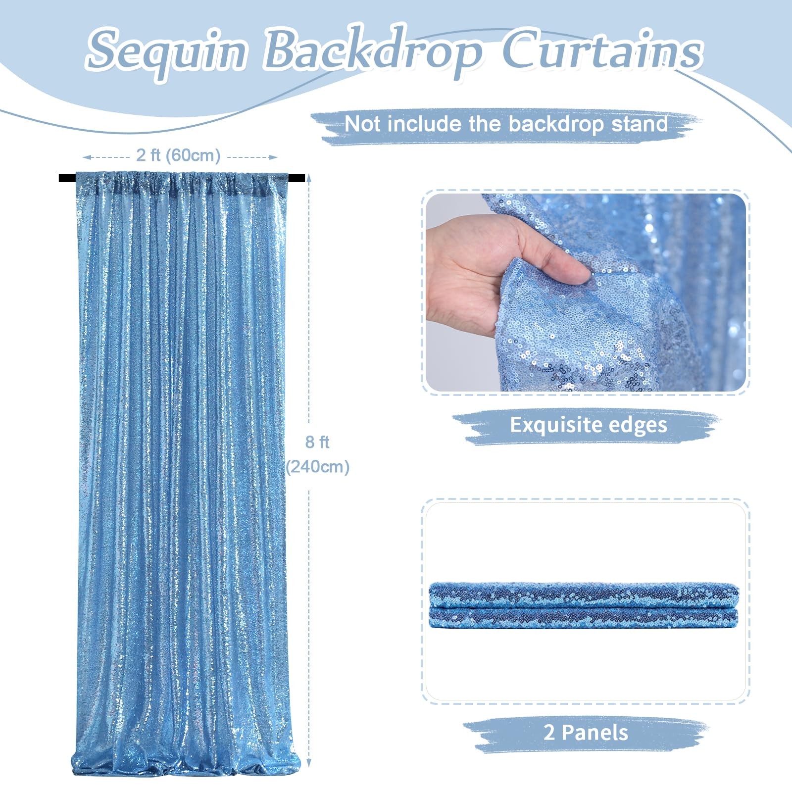 2 PCS Light Blue Sequin Backdrop Curtain 2x8ft Glitter Drapes Graduation