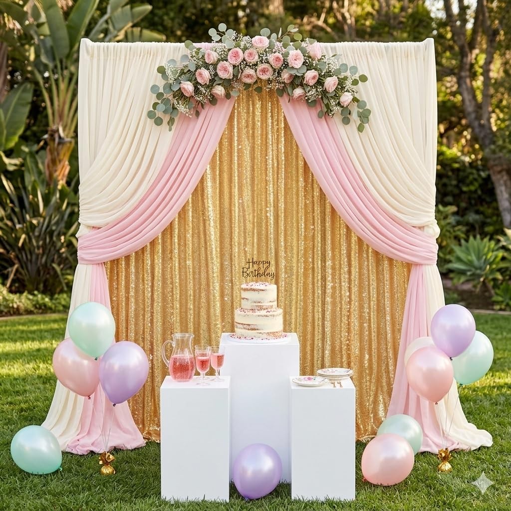 Gold Sequin Backdrop Curtain 8×8 Ft Glitter Gold Photography Background
