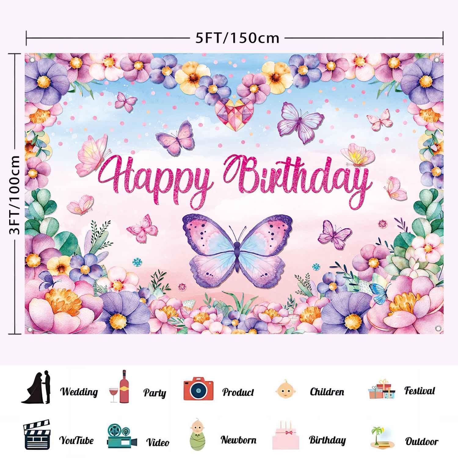 LDWLYW Butterfly Happy Birthday Banner Backdrop Pink Purple Butterflies Birthday