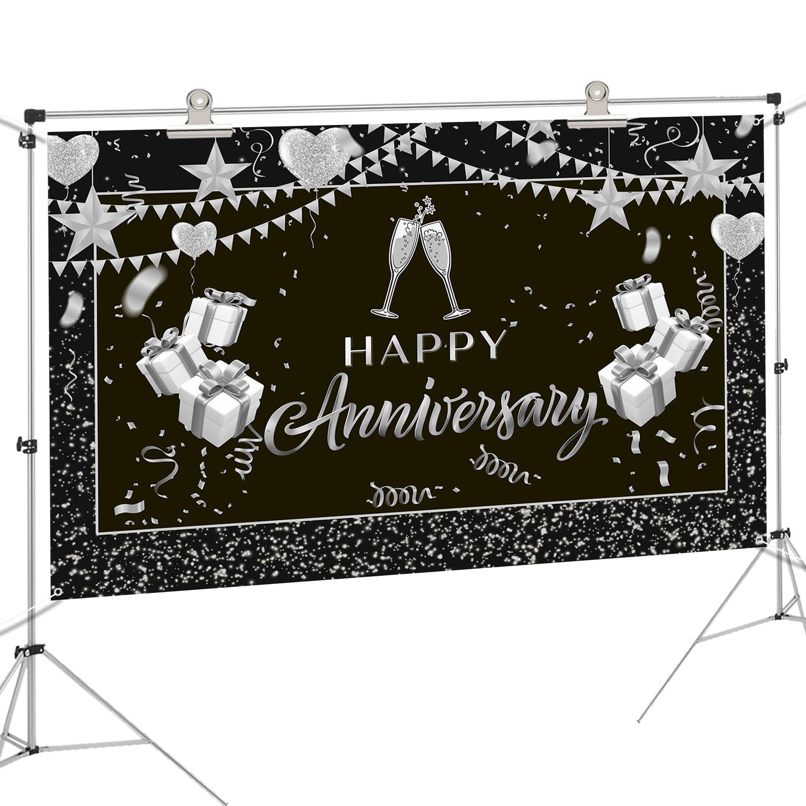 Happy Anniversary Backdrop Wedding Banner Poster Black, Silver