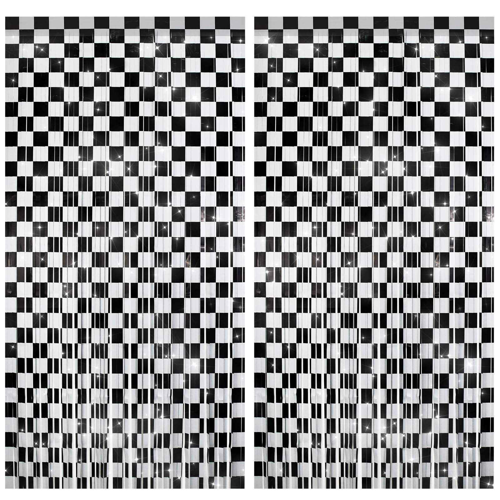 2 PCS Race Car Foil Fringe Curtains Backdrop 3.28×6.56FT Black White Prop