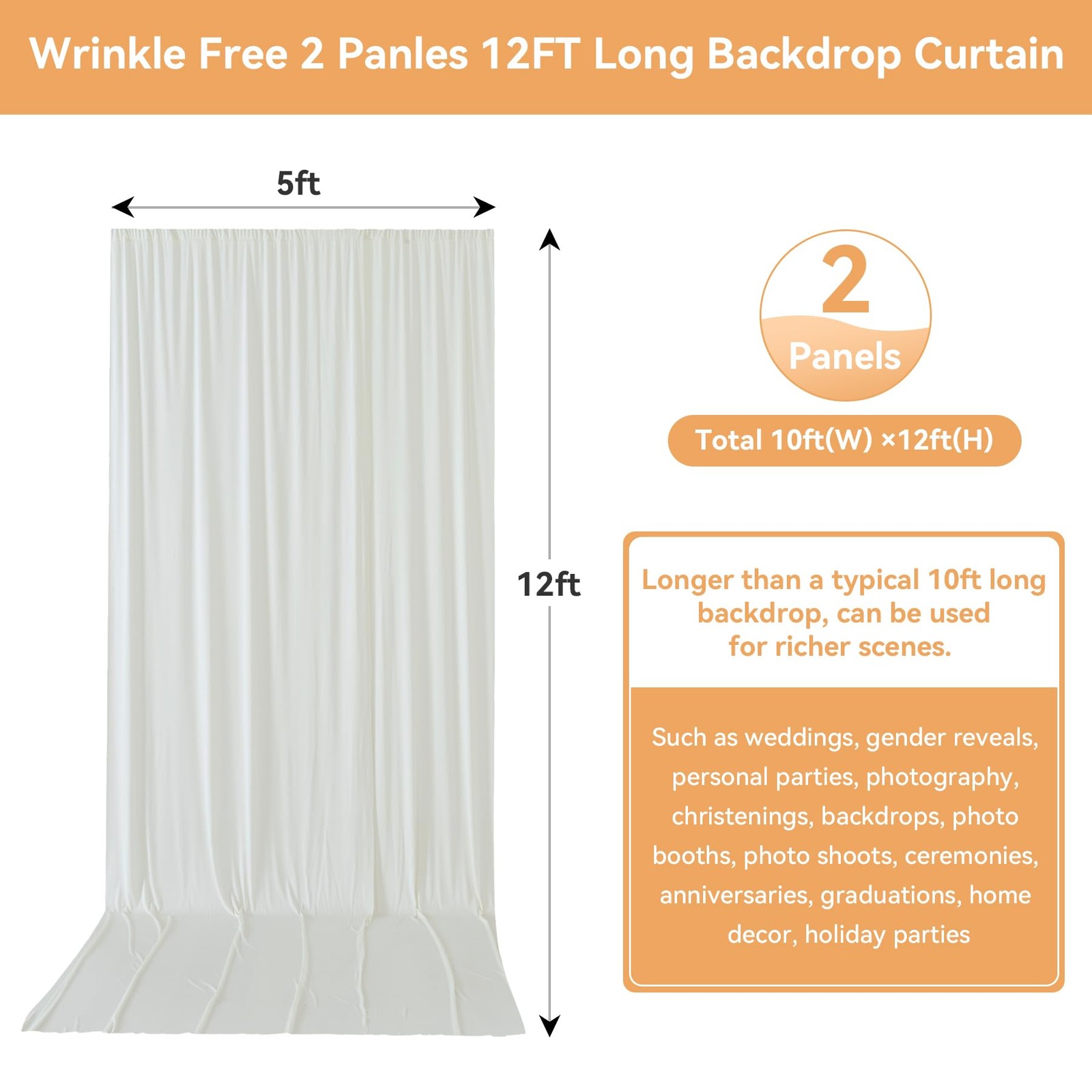 10x12ft Ivory Backdrop Curtains 2 Panels 12x5ft Wrinkle Free Photo Drapes