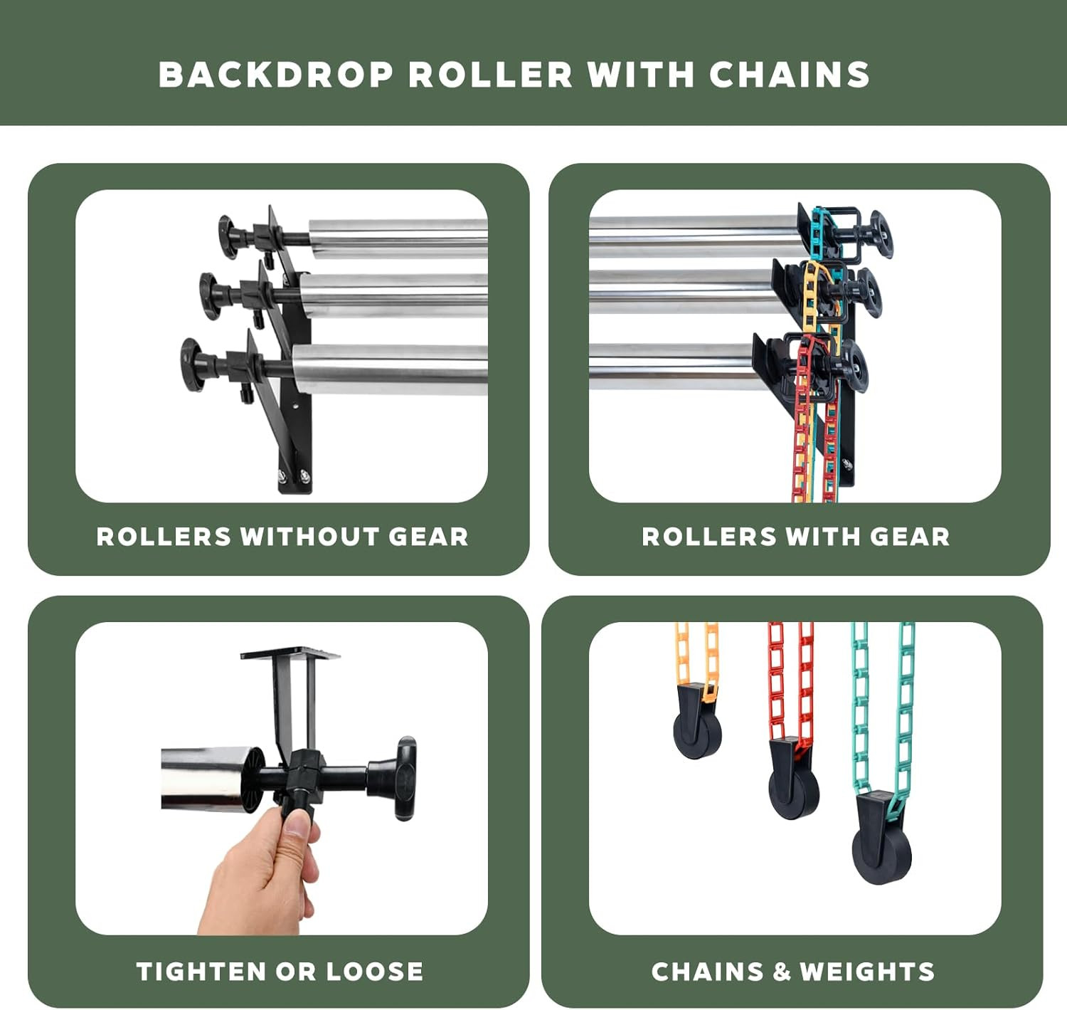 Photography Backdrop Roller Support System, 3 Rollers, 120-Inch Stainless Steel