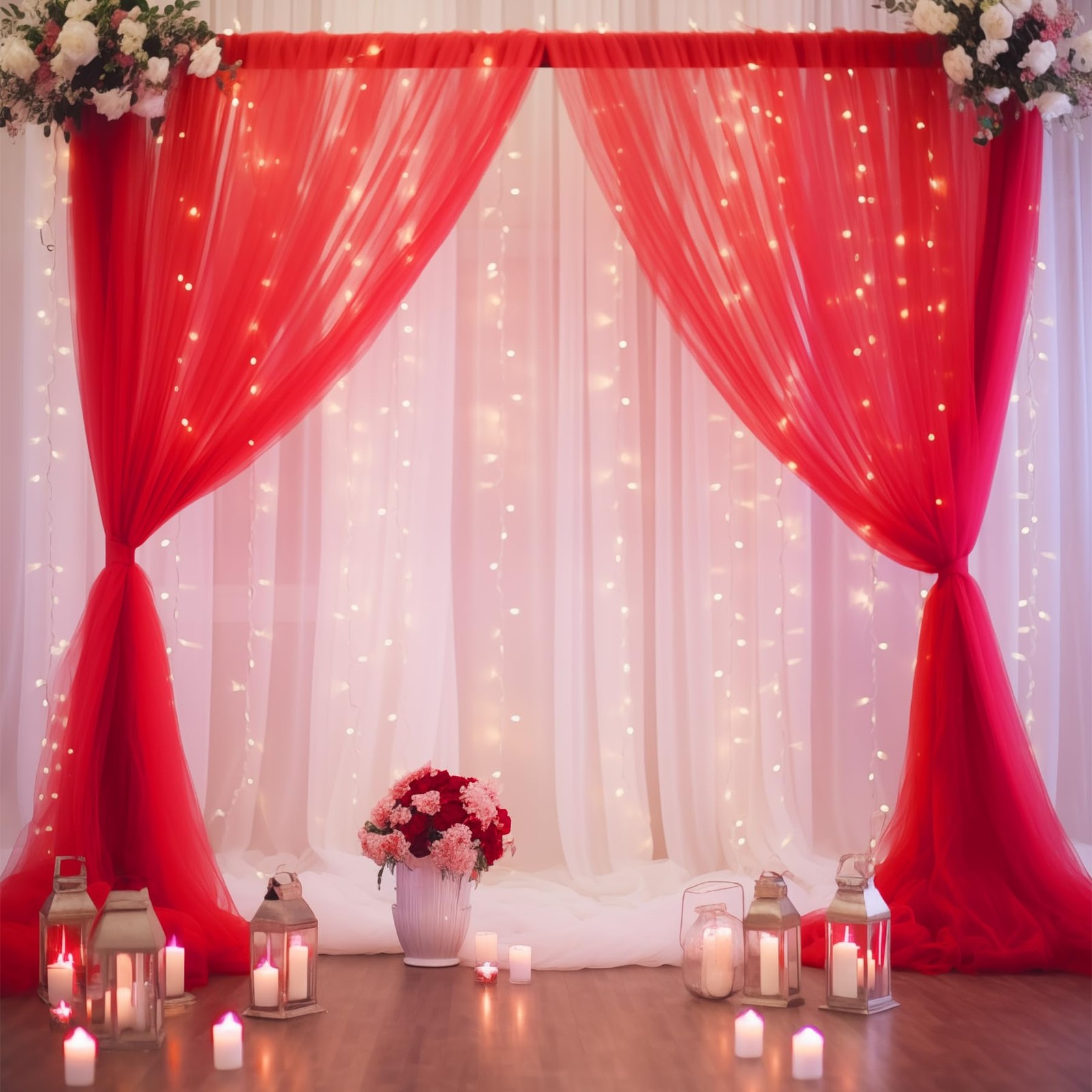 10×10 FT Red Tulle Backdrop Curtain with Lights String Wedding Party