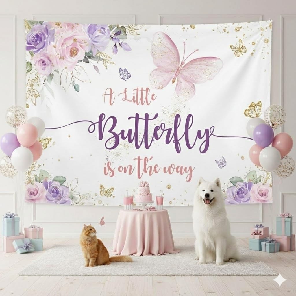 Aperturee 7x5ft Butterfly Baby Shower Backdrop A Little 7×5 ft, purple