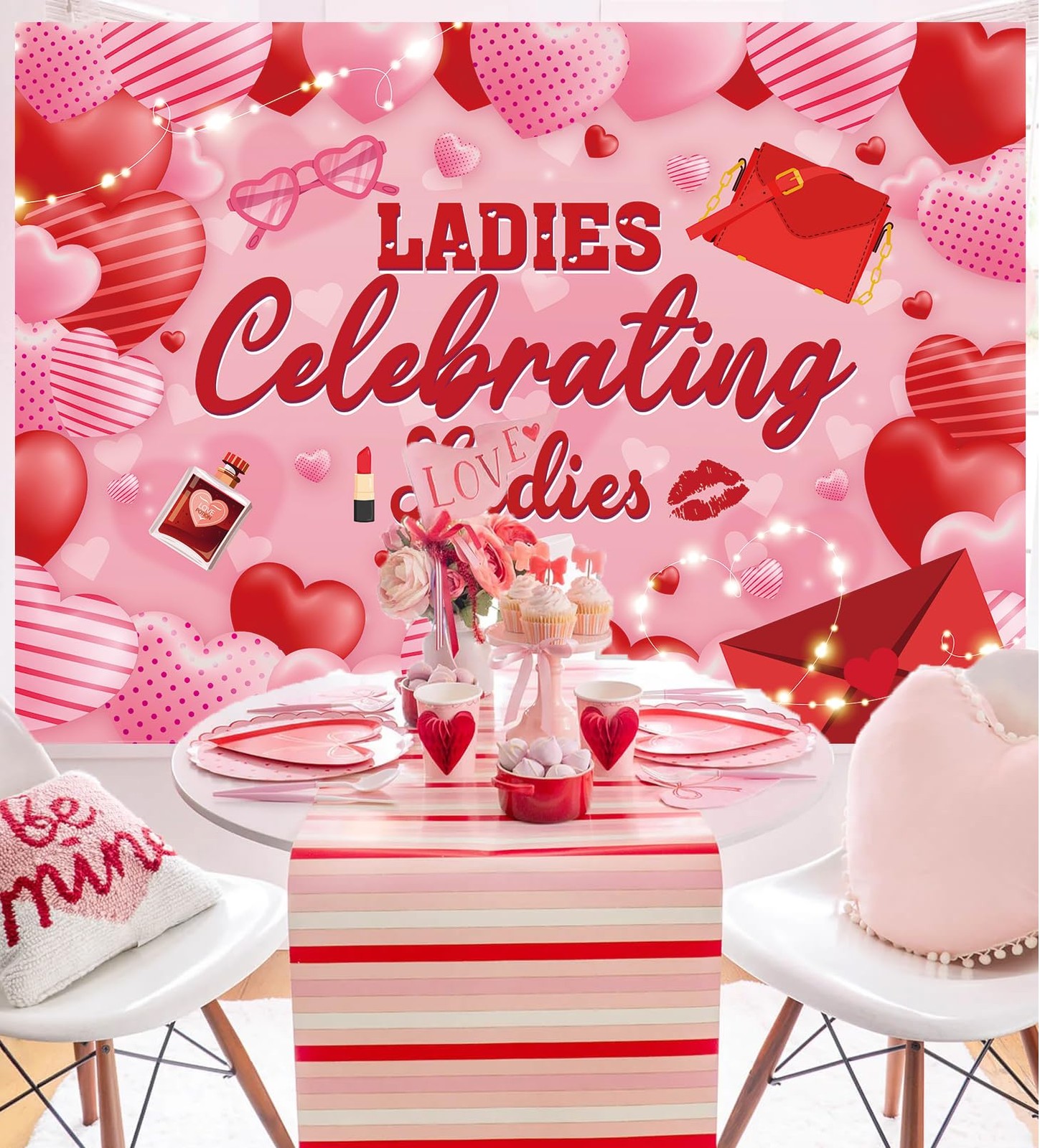 7x5FT 210x150cm Galentines Day Photo Backdrop Pink Love Heart Lady Party