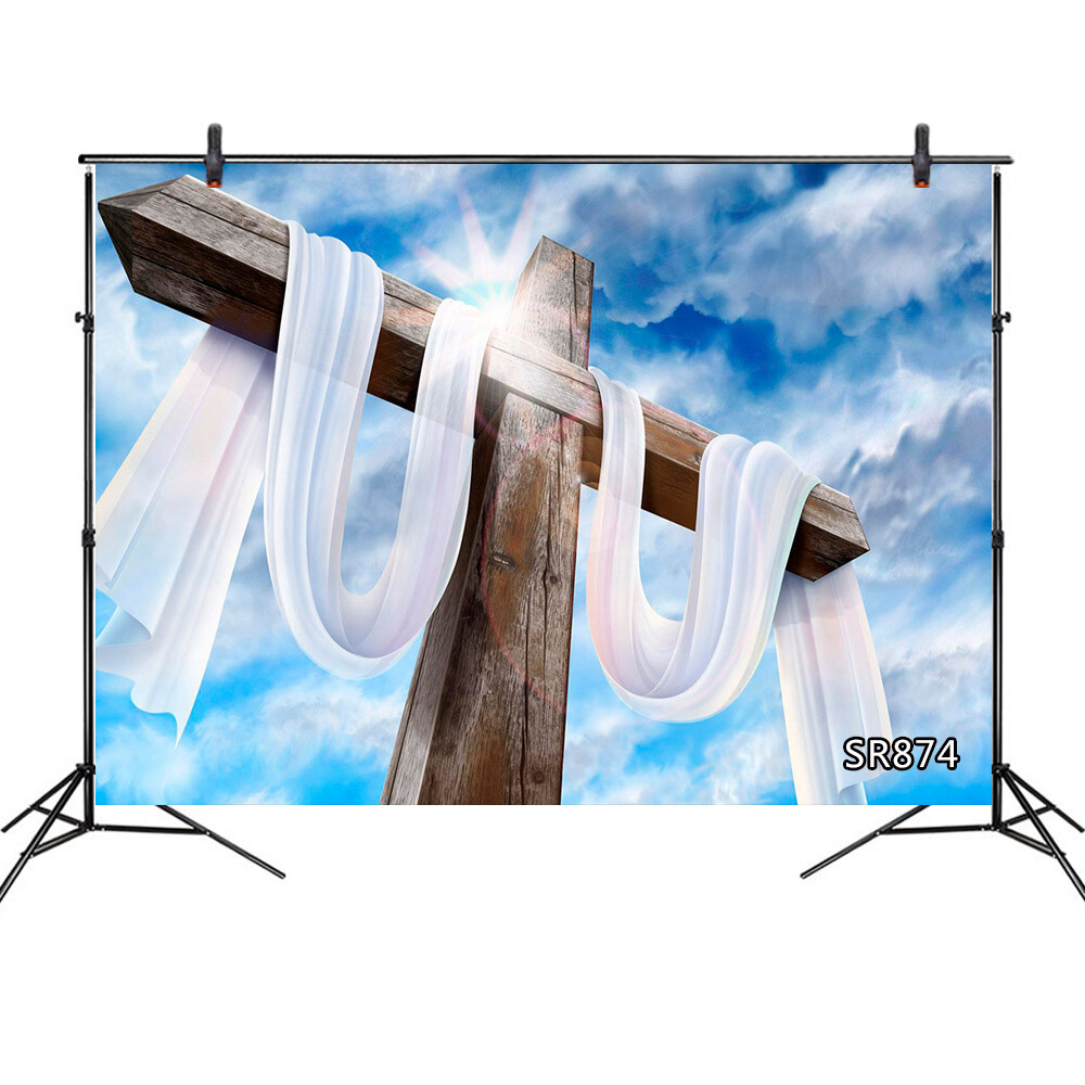 God Bless You Vinyl Backdrop Jesus Cross White Gauze Background Photography