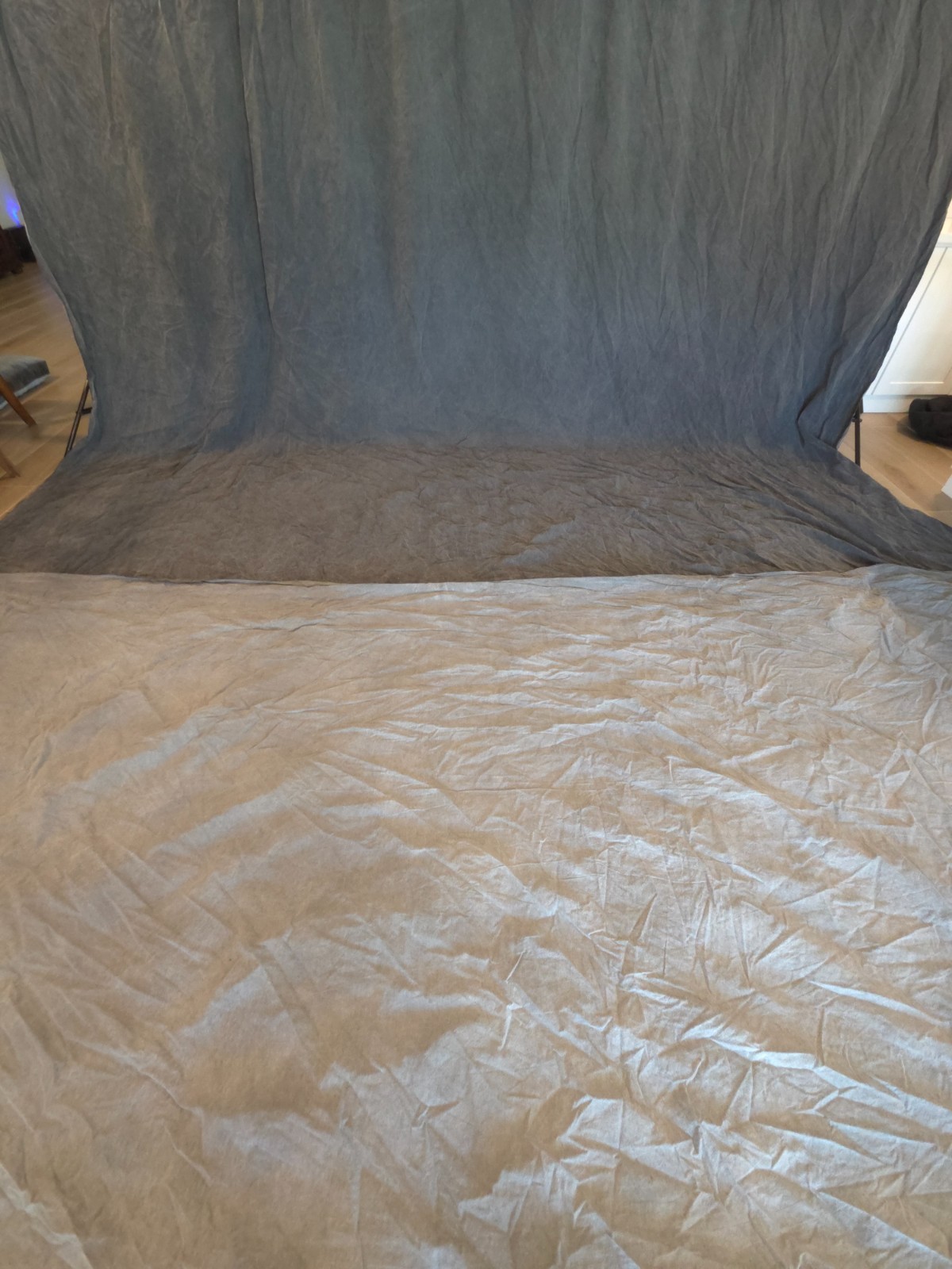 Gray muslin photography backdrop, 14.5′ x 24′, used, Denny Manufacturing