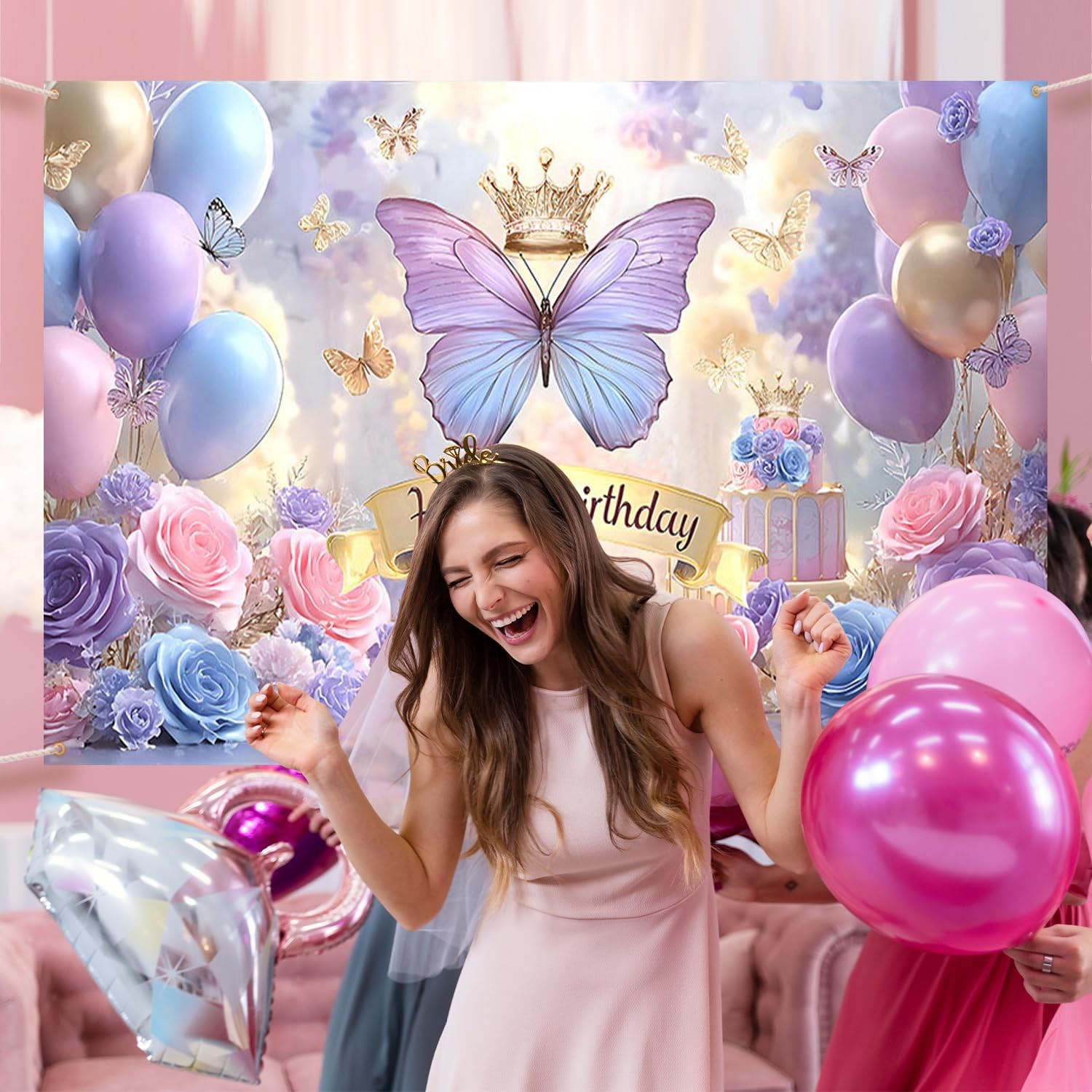 Butterfly Birthday Decorations Backdrop for Women Purple Happy Birthday Banner..
