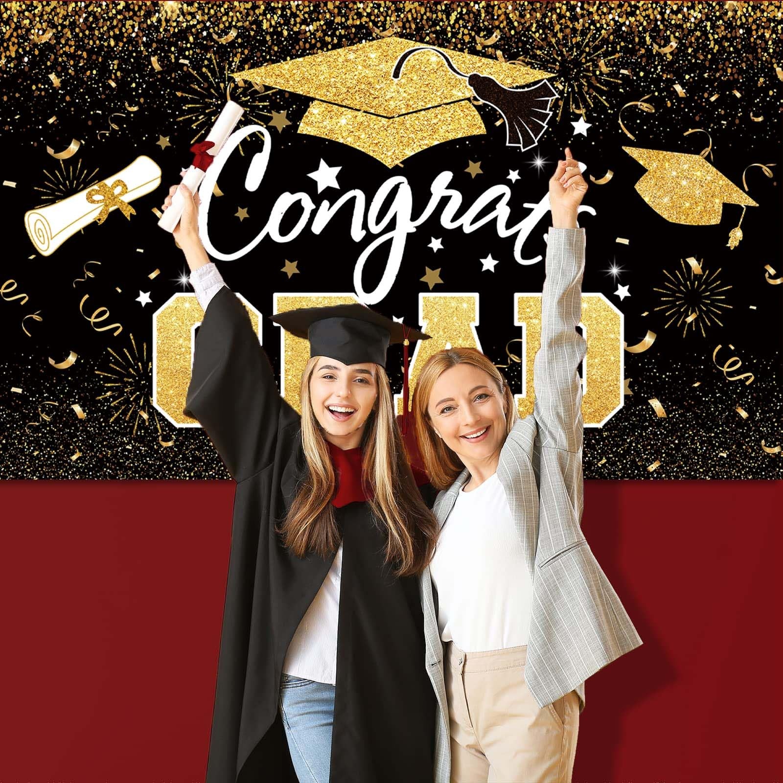 Graduation Party Decorations – Black Gold Congrats Grad Class of 2025 Backdro…