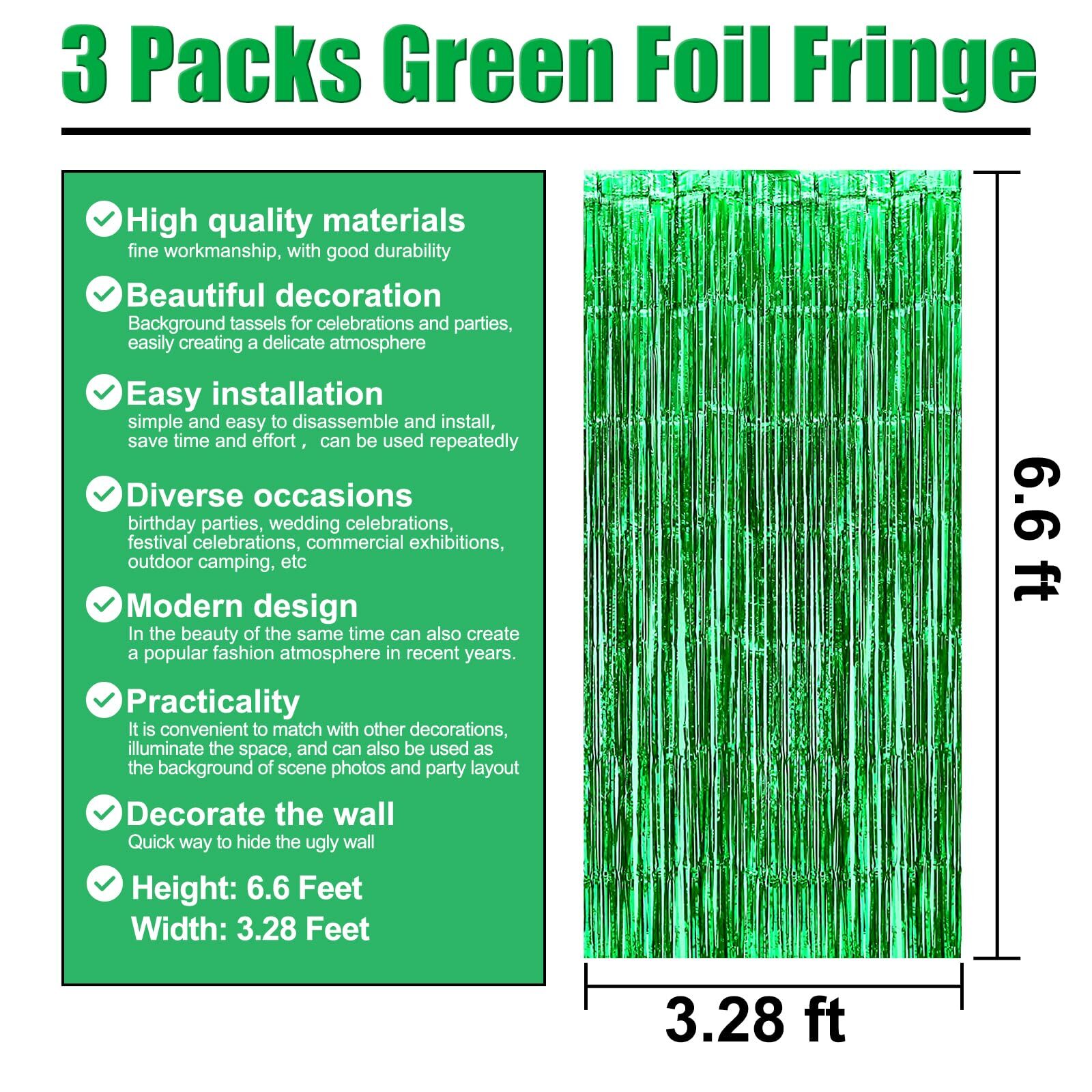 3 Pack Green Foil Fringe Curtain Backdrop 3.28×6.6Ft Birthday Party Decor